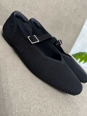 Navy Knit Mary Jane Flats with Buckle